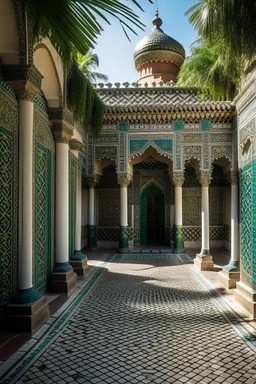 The intricate architecture of the Bahia Palace in Marrakech. Detailed, hyper realistic depiction. Elaborate tile work, carved cedar ceilings, and marble columns show off the grandeur of Moroccan architecture. A central courtyard filled with lush gardens adds a splash of green to the scene.