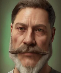 "MIddle aged white human male, with a trimmed but uneven beard, piercing green eyes with slick back hair head and shoulders portrait, 8k resolution concept art portrait by Greg Rutkowski, Artgerm, WLOP, Alphonse Mucha dynamic lighting hyperdetailed intricately detailed Splash art trending on Artstation triadic colors Unreal Engine 5 volumetric lighting Splash art fantasy"