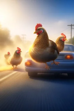 chickens in a car race, high speed, motion blur, smoke, 4k, downlight, soft light, depth of field, photorealism, trending on art station