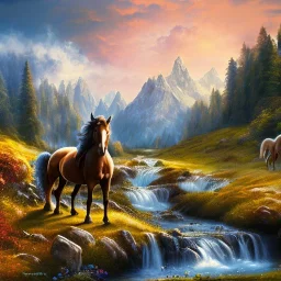 horse,MOUNTAIN, STREAM, blue sky, clouds