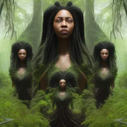 4K. Ultra real photo.three black women. Three Dark skin black women .three women. A mother. Two daughter. Twins. A mother with her children. three young black women. wood nymphs emerging from the forest. Her hair looks like vines. Dreadlocs. Her skin is the colour of dark soil. Her skin looks like tree bark. Her clothing is made of vines, grass and leaves.