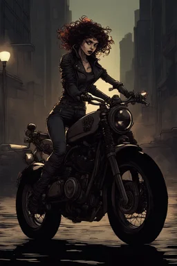 vampire girl with short curly hair riding a cafe racer motorcycle in a post apocalyptic city at night