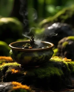 focus on a burning bowl of resin incense on a mossy rock with a jungle setting. hyperreal focus on winding smoke patterns, moisture in the air and condensation droplets on the leaves, create a warm atmosphere