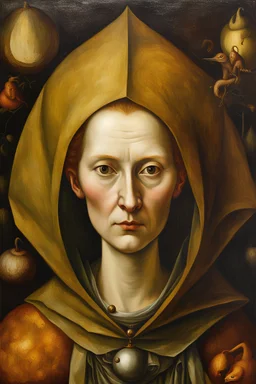 a Dutch Renaissance era oil painting of a malevolent sorceress , highly detailed facial features, in the style of Pieter Brueghel the Elder and Hieronymus Bosch, aged canvas, craquelure finish, archaic masterpiece, 4k