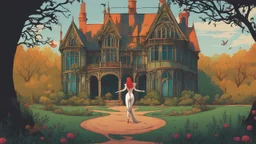 slim nymph dancing in a woodland clearing, with a gothic house behind her. vibrant colour