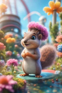 plexi glass tower, portrait cute fluffy toy wolly squirrel with berret in a water slide holding weird flowers in his trunk in the style of pixar, on a strange planet with weird colors and wind turbines, bokeh like f/0.8, tilt-shift lens 8k, high detail, smooth render, down-light, unreal engine, prize winning