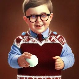 Peter billingsley chubby kid Tortoise-shell glasses, Holding a ((dark red bar Of soap)) in his hand, brown argyle sweater