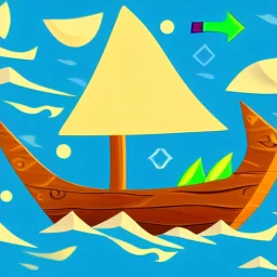 Legend Of Zelda: Wind Waker style Small wooden ship, with bright sails, on a vast ocean, stylized, celshaded, colorful, adventurous, full view.