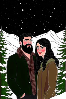 Mountain Christmas scene, dark haired couple, man with black beard