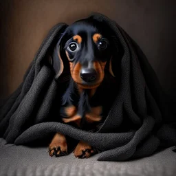 Disney style picture of a black and tan short hair dachshund puppy of 7 months. wrapped up in a blanket