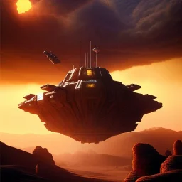 volumetric dramatic desert Battle scene with futuristic hovering military armored Hovercraft painted by chris foss, floating, 4k, 8k, Minutiae, highly detailed, Turret, antennae, pennant, hovering, stripes, sunset [duststorm, nimbus clouds]