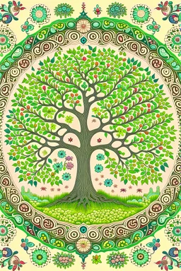 A serene and peaceful scene with a tree of life mandala at the center, surrounded by blooming flowers and flowing rivers, representing the harmonious balance of nature.