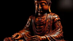 Buddha made of lacquered polished walnut burl and Mahogany, full object, dynamic contrast, depth mapped