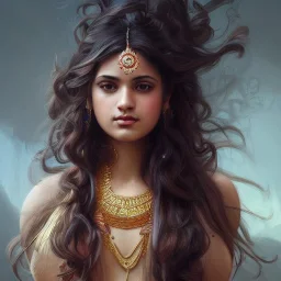  Indian princess , cute, beautiful, long hair, wavy hair, black eyes, head and shoulders portrait, cinematic, 8k, resolution concept art portrait by Greg Rutkowski, Artgerm, WLOP, Alphonse Mucha dynamic lighting hyperdetailed intricately detailed