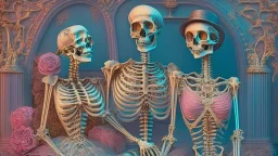 Famous Skeleton Couple Posing together wearing 1920's Hollywood Grandeur; Surreal, Intricately Detailed, Beautiful, Colorful, award-winning, high definition, ultra-detailed, beautiful, rose tones