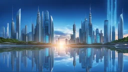 stunning panoramic view of an Amazing futuristic asian cyber city on a biomechanical tall island, azure blue sea, skyline suring Sunset , reflections, high detailed, sharp focus, best shot