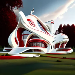 Casa campestre estilo Zaha Hadid obra de arte detallada color blanco crema y rojo imperial arte digital impactante hiperrealista 8k