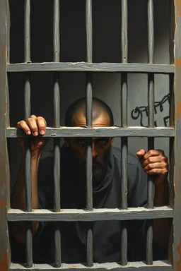 Innocent Prisoner in solitary behind bars , Bosch painting styles dark emotions with no hope