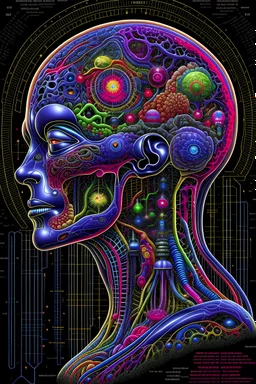 Fantasy00d Technical Diagram, Info graphic, Charts, of A Cosmic Anatomical Human Head, Info Graphic, Scientific, Data Diagram, Nervous System, Galaxy, Vibrant Colors, Midnight Aura, Ultra Detailed, H.R. Giger, Max Ernst, Thomas Kinkade, Robert Gonsalves, dark background