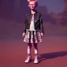 Tilda swinton toddler, full body, leather jacket, floral shirt, floral skirt, Nike sneaker, soft skin, city background, dramatic lighting, hyper realistic