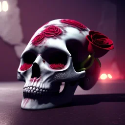 Cracked Skull and red rose, marble texture, dark, fantasy art, shallow depth of field, macro lens, unreal engine 5, ultra detailed,8k, HDR