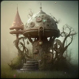 a tiny fairy fountain, scary, steam punk, realistic, made in octane, cinematic, ultra-realistic, extremely detailed octane rendering, 8K, VRAY Super Real ar 2:3, dof photorealistic futuristic 50mm lens hard lighting dark gray tintype photograph, realistic lighting, sepia color