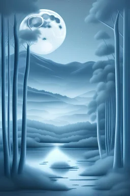 soft blue grey background, with a full moon highlighting the soft tones of the valley and trees below