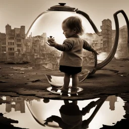 A teapot is shining and a laughing child is looking at it. The child’s image is reflected inside the teapot and behind the child is the reflection of a destroyed city.