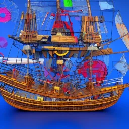 Beautiful pirate ship in the ocean, complicated, incomprehensible, 3D, bulky, symmetrical, artistic, 4K, 8K, Wassily Kandinsky