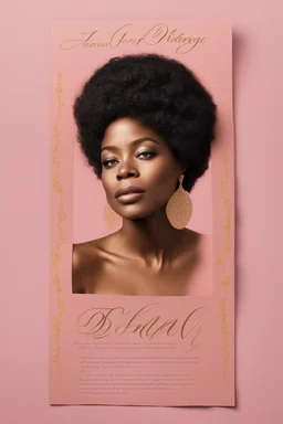 An extremely formal, funeral program written in French for a black woman (include a front photograph of a beautiful biracial black woman) on salmon pink deeply pigmented velvet paper with brilliant, brightest heavy golden greenish calligraphy fonts, simple, minimalistic, less element, very dramatic lighting