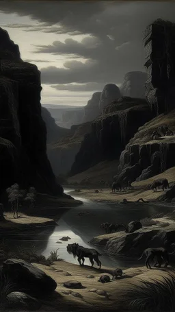 A dark grayish brown canyon with tar pits painted by Francis Danby