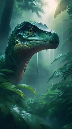 photoreal raptor with glowing eyes in a misty green rain forest at dawn