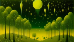 A lemon yellow colored heaven like space with shooting stars painted by Henri Rousseau