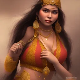 wonderful fat brazilian woman, wearing indian clothes, long black hair, 4k, many details, very realistic, fog particles,