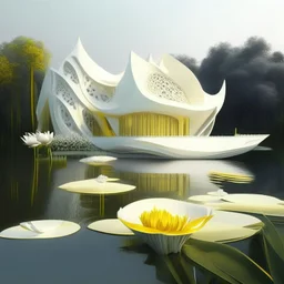 House by a lake water plants and yellow flowers Zaha Hadid style white ink art creamy glasses creative hyper-detailed 8k