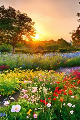 A beautiful scenery of sunset , garden of flowers, trees etc.