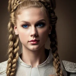 beautiful young queen with white armor, delicate white braided hair with ponytail, glass eyes, highly detailed, 8k, ambient light, taylor swift, face in full view