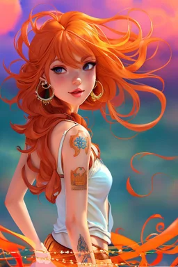 Full body of beautiful girl nami, Hair Color: Orange, Style: Wavy, Outfit Top: Blue, Outfit Bottom: Orange, Shoes: Brown, Accessories: Tangerine, Weapon: Clima-Tact, Hat: Straw, Tattoo: Pinwheel, Earrings: Hoops, sophisticated,, beautiful woman, hyper realistic, hyperrealism, photoreal, realistic, photorealistic, soft pastels, full-body, standing, long shot, wide angle, aesthetic