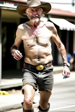 Bare runner drunk old cowboy in pants