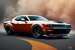 a true-to-life 2023 dark orange dodge challenger hellcat, 2-door, wide-body, pandem, rocket bunny, mopar, carbon fibre, drift car, classic hotrod wheels and rims, ultra realistic, professional artwork, concept art, dark background, extreme detailed, 8k, sharp focus, centered camera, pivot on dodge, art