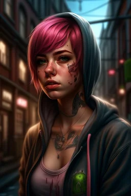 1girl, hoodie, arm tattoo, portrait, asymmetrical bangs, bandaid, short hair, bangs, breasts, freckles, grey eyes, large breasts, looking at viewer, neck tattoo, nose piercing, pink hair, scar, scar on face, solo, tattoo on face, upper body, detailed background, town, alley, dark alley, portrait, hood on head, night, angry, close up, closed mouth, , ((masterpiece)), absurdres <lora:arcane_offset:1>