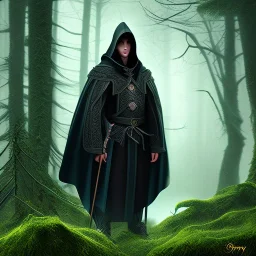 Male, Dark hair, Digital Art, Bow in hand, Hooded Cloak, Dark Forrest background