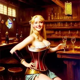 fullbody portrait 'beautiful blonde massiveboobs medieval wench on tavern in medieval city',corset,painting by gaston bussiere, greg rutkowski, yoji shinkawa, yoshitaka amano, tsutomu nihei, donato giancola, tim hildebrandt, oil on canvas, cinematic composition,sharp image, extreme detail,((fit full head inside picture)),32k