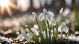 Snowdrops, delicate, the camera on the ground, side lighting of the sun, blurred background