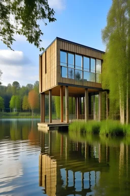 haus am see, auf pfählen, modern, grosse fensterfront, holzfassade