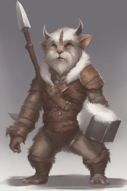 Dnd a young bugbear with WHITE fur and leather armor with swords