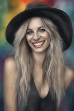 head and shoulders portrait, Miss Motley Crue - Smiling, a multicolored watercolor stained wall in the background, 4k, 8k, 32k UHD, Hyper realistic, extremely colorful, vibrant, photorealistic, realistic, sharp, highly detailed, professional quality, awesome, majestic, superb, trending on artstation, Cinematic, Real, Life like, Highly detailed, sharp, focused, fantastic