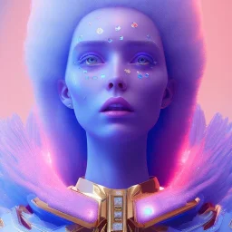 A portrait of a crystalised blue pink extraterrestrial, gold, diamonds, sunny background, atmospheric, realistic, unreal engine, 8k. Cinematic lighting, octane render.