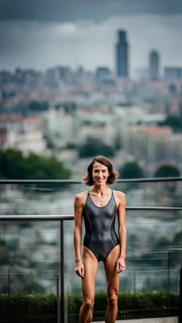 beautiful anorexic young woman, total shot, short shiny anthracite triathlon swimsuit, short brunette wavy bob hair, blurred city background