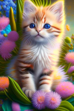 extremely cute kitten-like creature with strange flowers Hyper realistic eyes, oil on canvas award winning fantastic view ultra detailed acrylic art Ultra realistic Impressionism Surrealism simen johan, sharp focus intricate oil on canvas cinematic lighting photorealistic high detail ultra detailed crisp quality colourful in sunshine